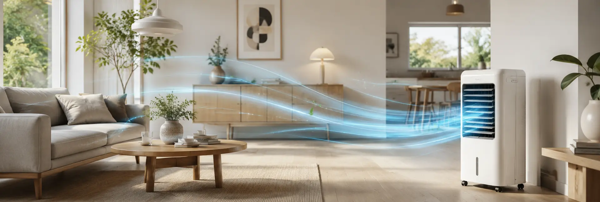 Portable air cooler circulating cool airflow through a bright modern living room