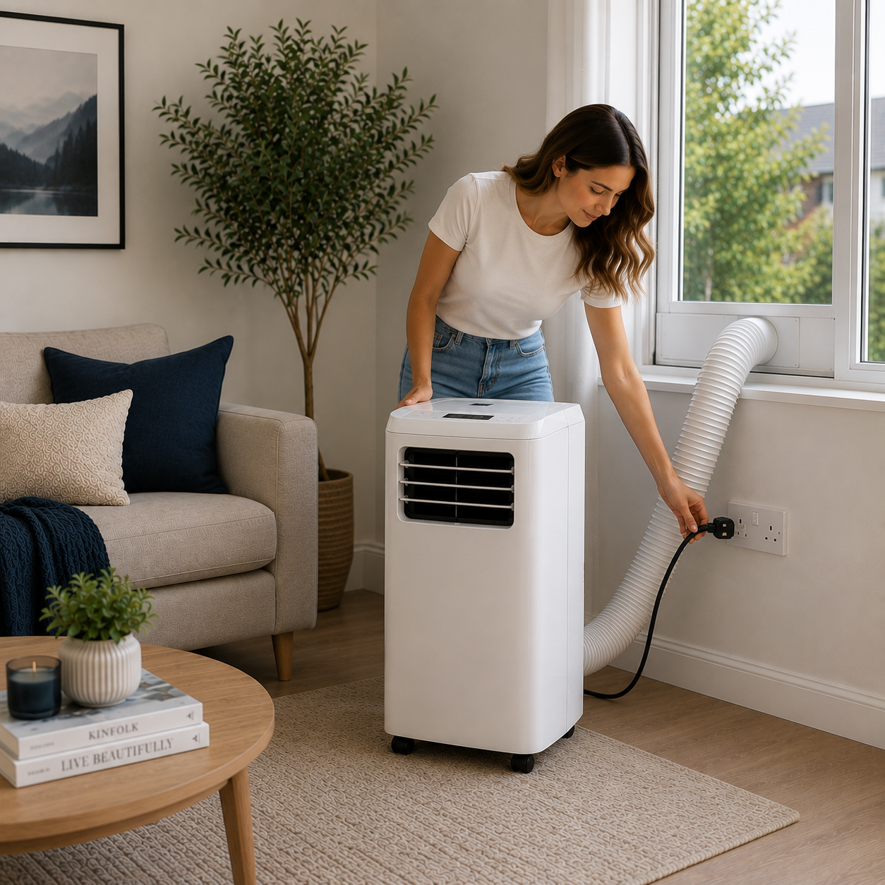 Person plugging in a portable air conditioner in a modern living room