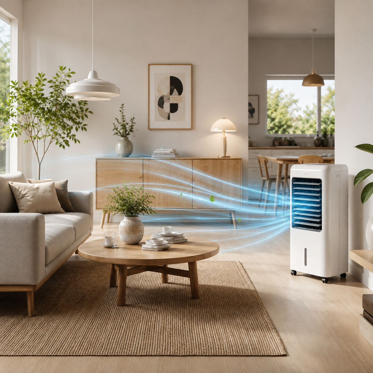 Portable air cooler in a bright modern living room